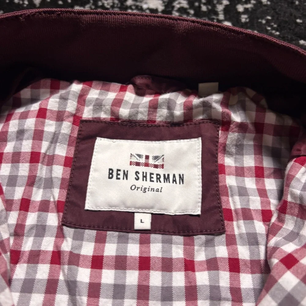 Ben Sherman Mens Harrington Jacket Burgundy Red Gingham Lined Full Zip Large